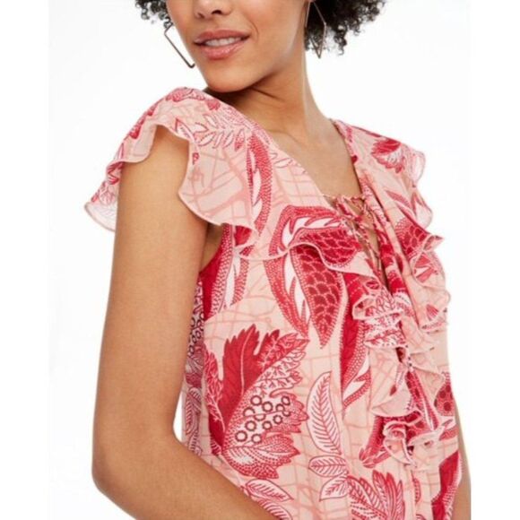 Guess Ruffle Lace Up Blouse Bodysuit Women's MEDIUM Pink White Floral V-Neck NEW - Picture 11 of 11